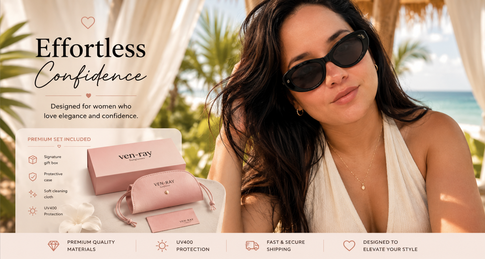 Woman wearing sunglasses with a pink Versace handbag on a beach, featuring text about 'Effortless Confidence'.